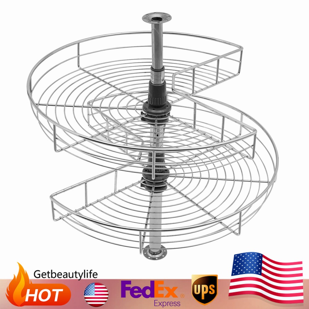 24-Inch Chrome Kidney Lazy Susan Corner Cabinet Organizer with 2 Shelves