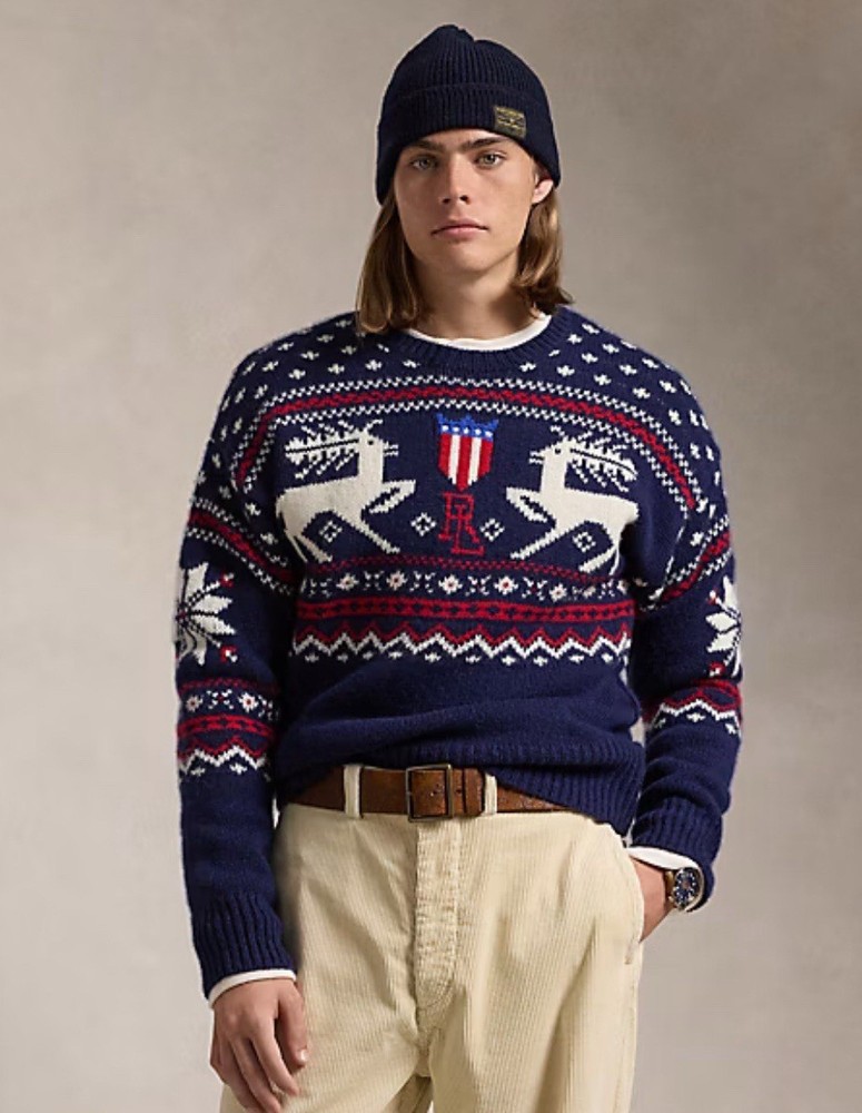 Polo Ralph Lauren Christmas Reindeer-Patterned Wool Blue Sweater Sz L $398 NEW