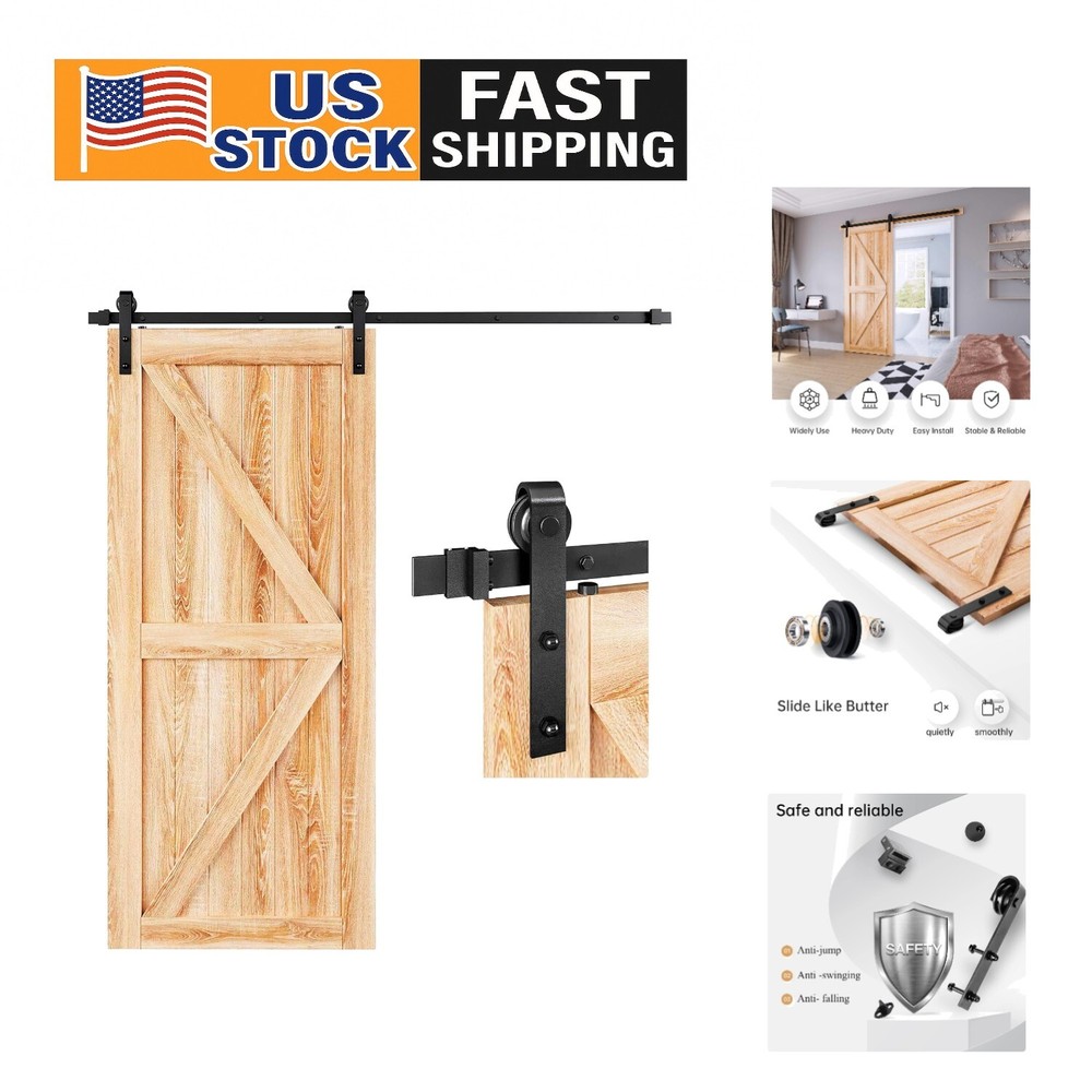 6FT Heavy Duty Sliding Barn Door Hardware Kit with Rustic J Pulley and Quiet Slide System