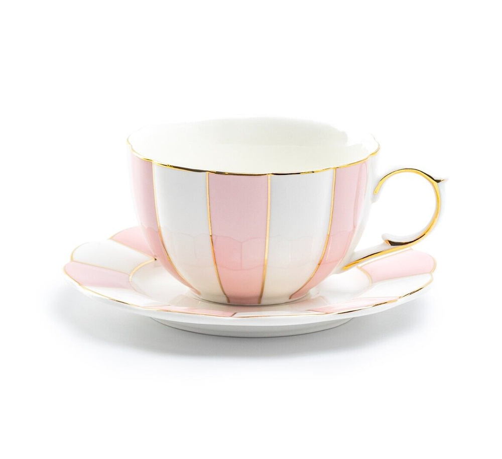 Grace Teaware Pink and White Scallop Fine Porcelain Tea Cup and Saucer Gold Rim