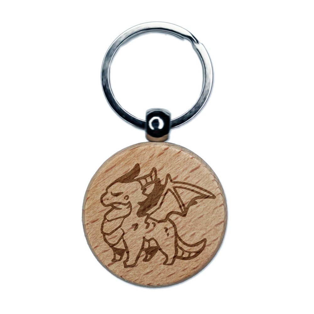 Grumpy Winged Dragon Wood Keychain Charm Engraved Round Tag  