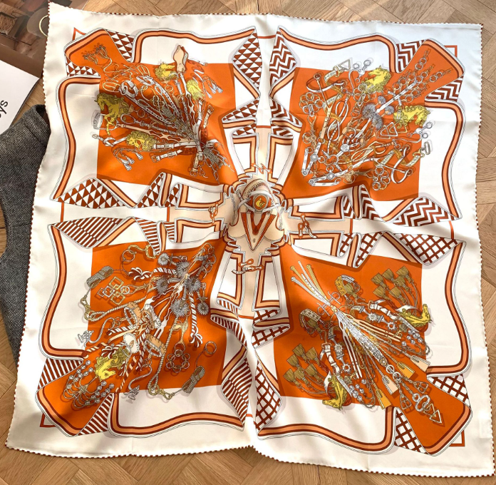 Tail Print 18 Momme Silk Wrap Scarf Bandana Shawl Double Face Kerchief 90X90cm