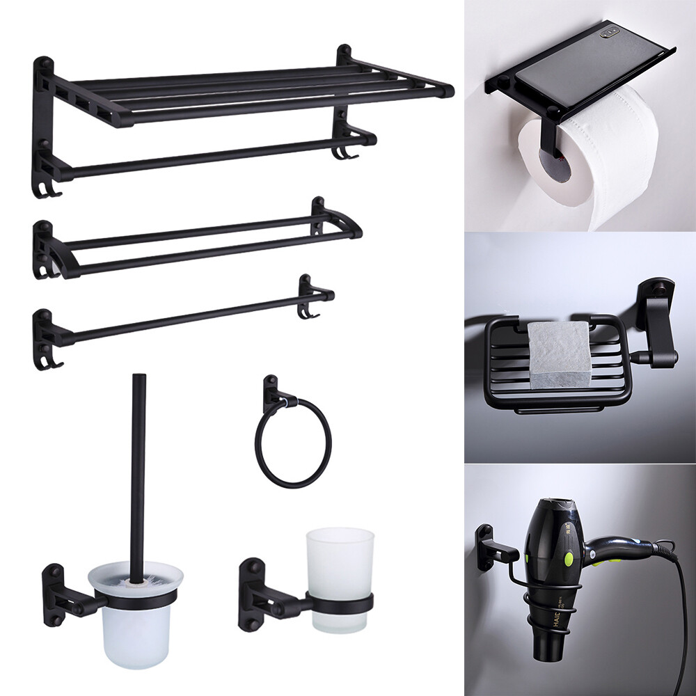 9PCS Black Aluminum Wall Mounted Bathroom Accessory Set with Towel Bar