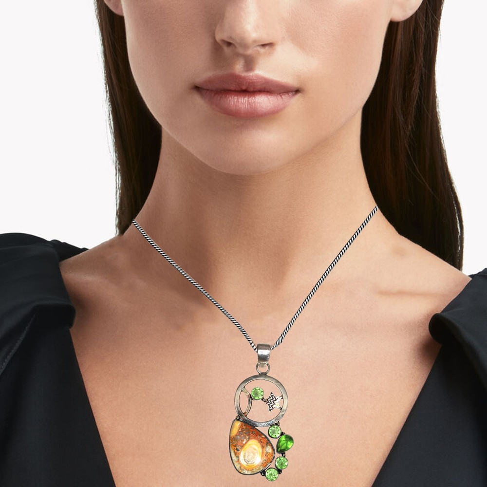 Bumble Bee Jasper and Amethyst Gemstone Silver Pendant Necklace 2.75 Inch