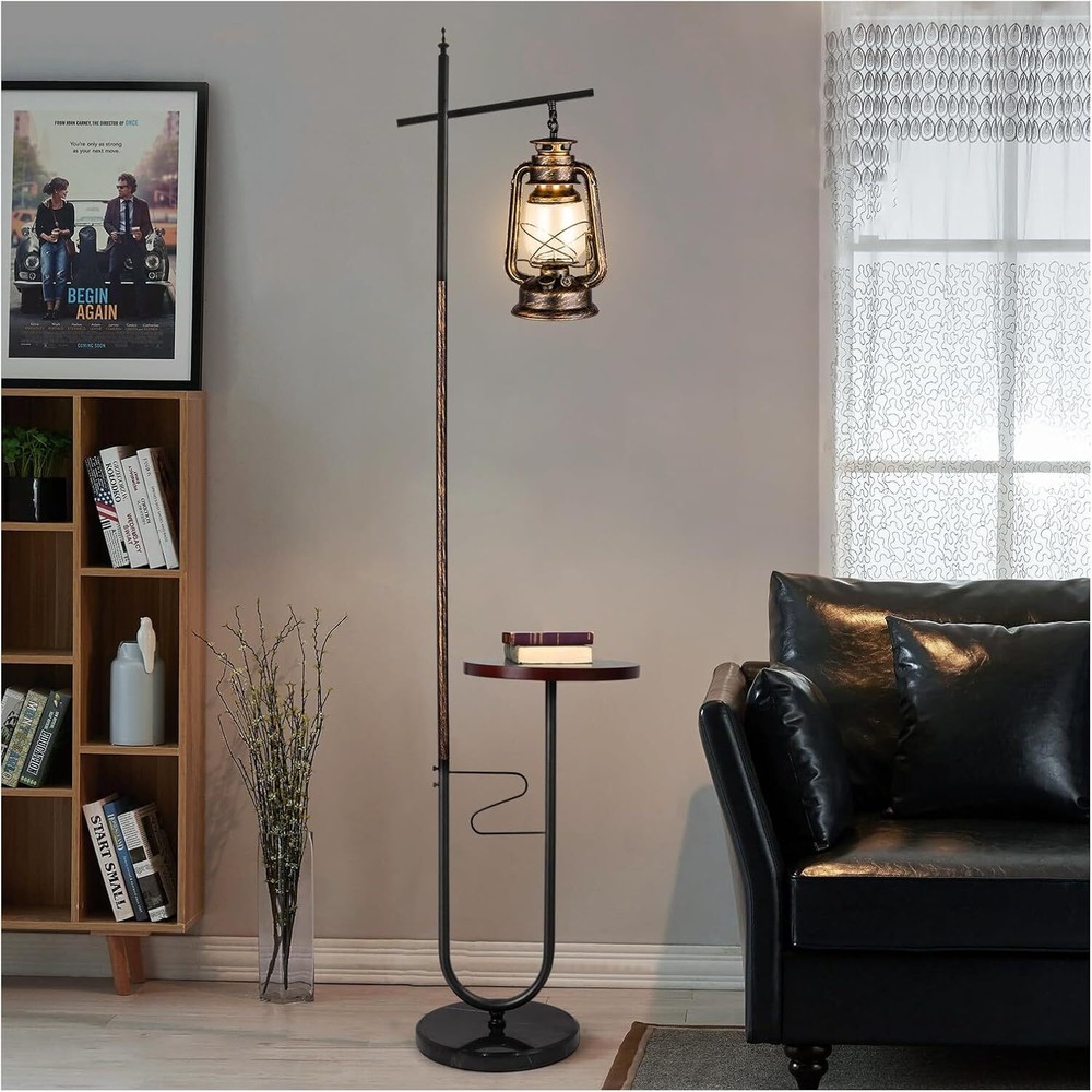 Vintage Rustic Bronze Floor Lamp with Classic Lantern Design and Table