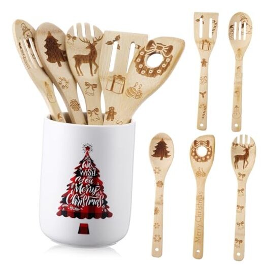 6 Pcs Christmas Ceramic Utensil Holder 6.3 Inches Large Utensil Crock with