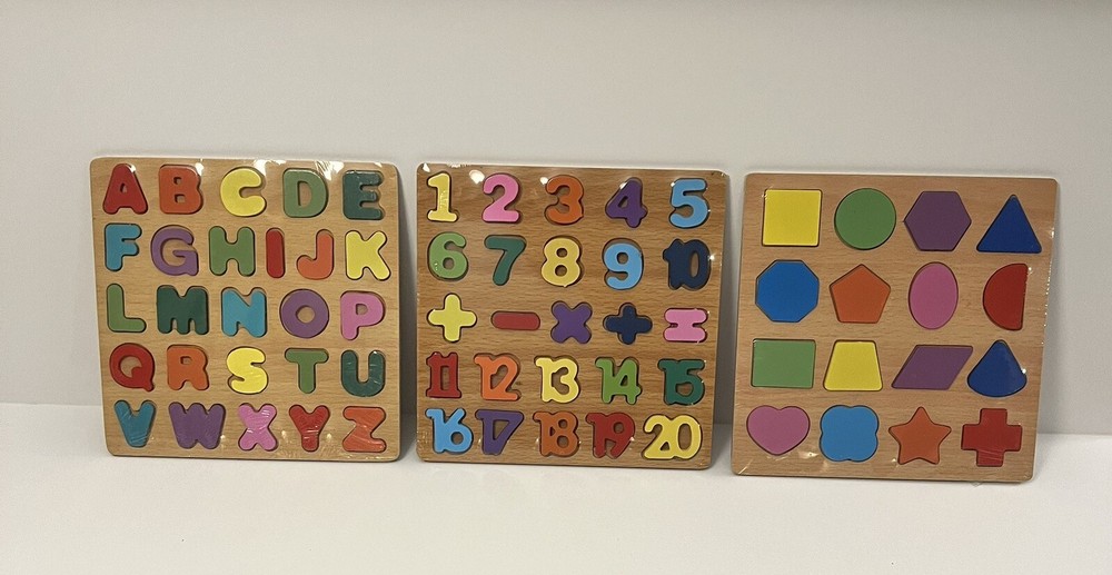 3PC Wooden ABC Alphabet & Number Shape Puzzle - Montessori Learning Toy for Kids