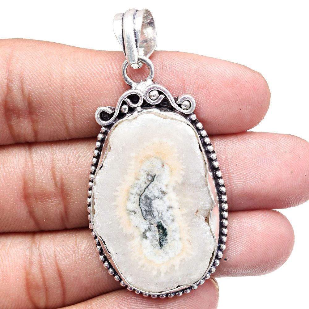 White Solar Drusy Pendant Silver Necklace Gift For Her 2.25 Inch