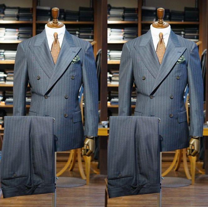 Navy Striped Peak Lapel Double-Breasted Mens Wedding Tuxedo Suit