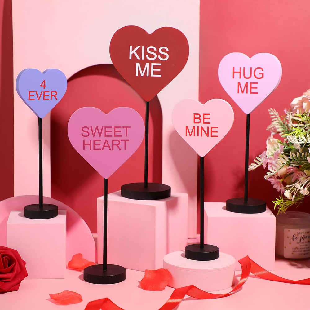 Valentine's Day Wooden Heart Table Decor Set of 5 Standing Wood Blocks