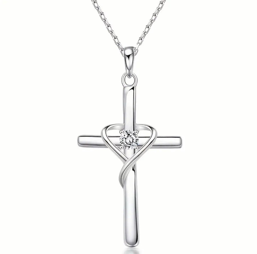 Silver Cross Necklace with Heart Crystal Pendant for Faith Jewelry