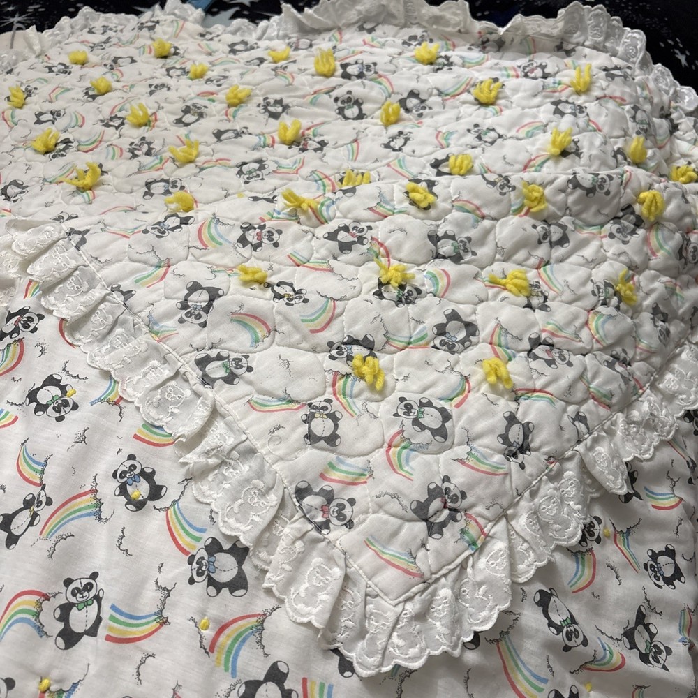 Panda Bear & Rainbow Baby Blanket 46x52 Soft Lace Yarn Toddler Crib