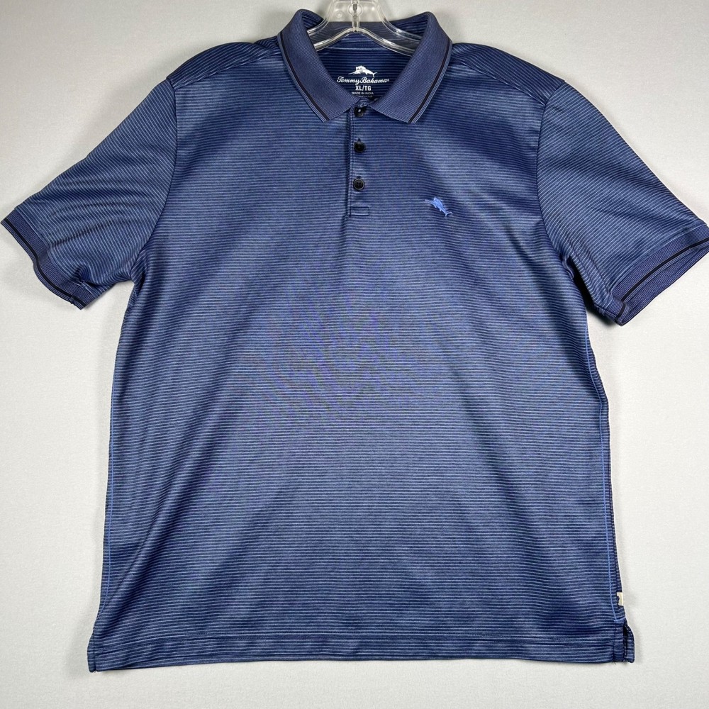 Tommy Bahama Men’s Polo Shirt XL Blue Striped Short Sleeve Cotton Blend Casual