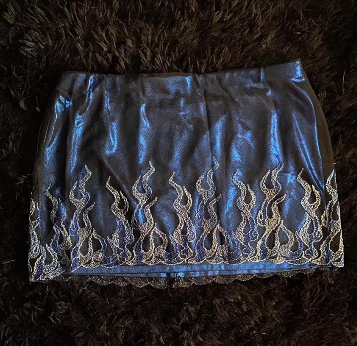 90s lip service Blue Satin Mini Skirt with Silver Flame Embroidery medium