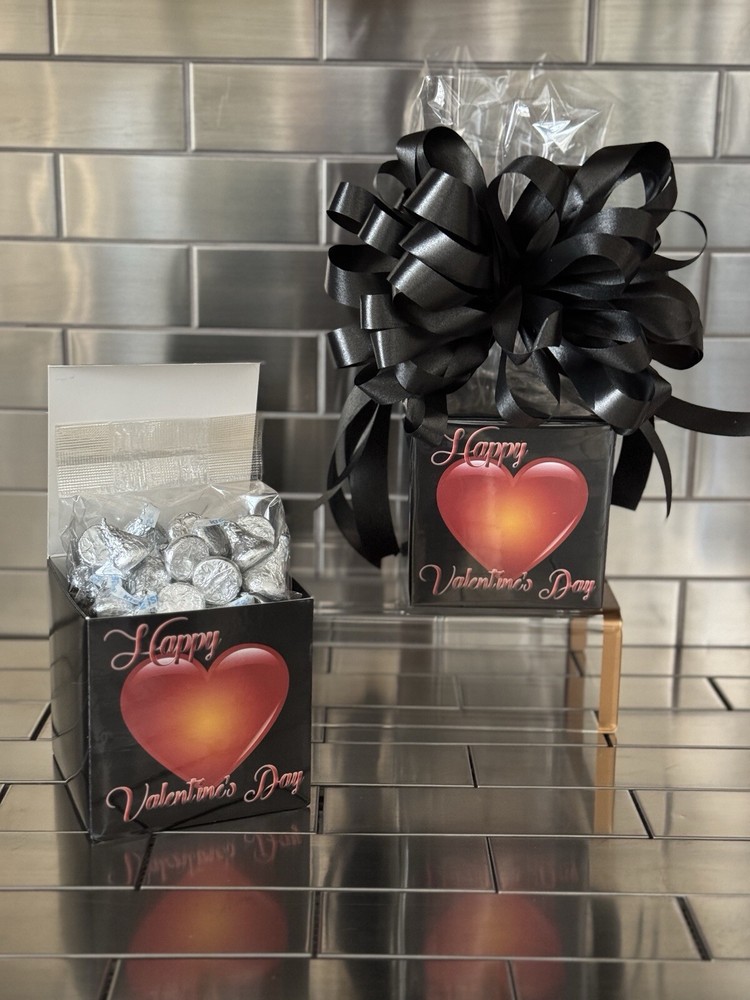 Valentines Day Gift Box-Basket With 1/2 LB Chocolate Hershey Kisses & Black-Bow-image