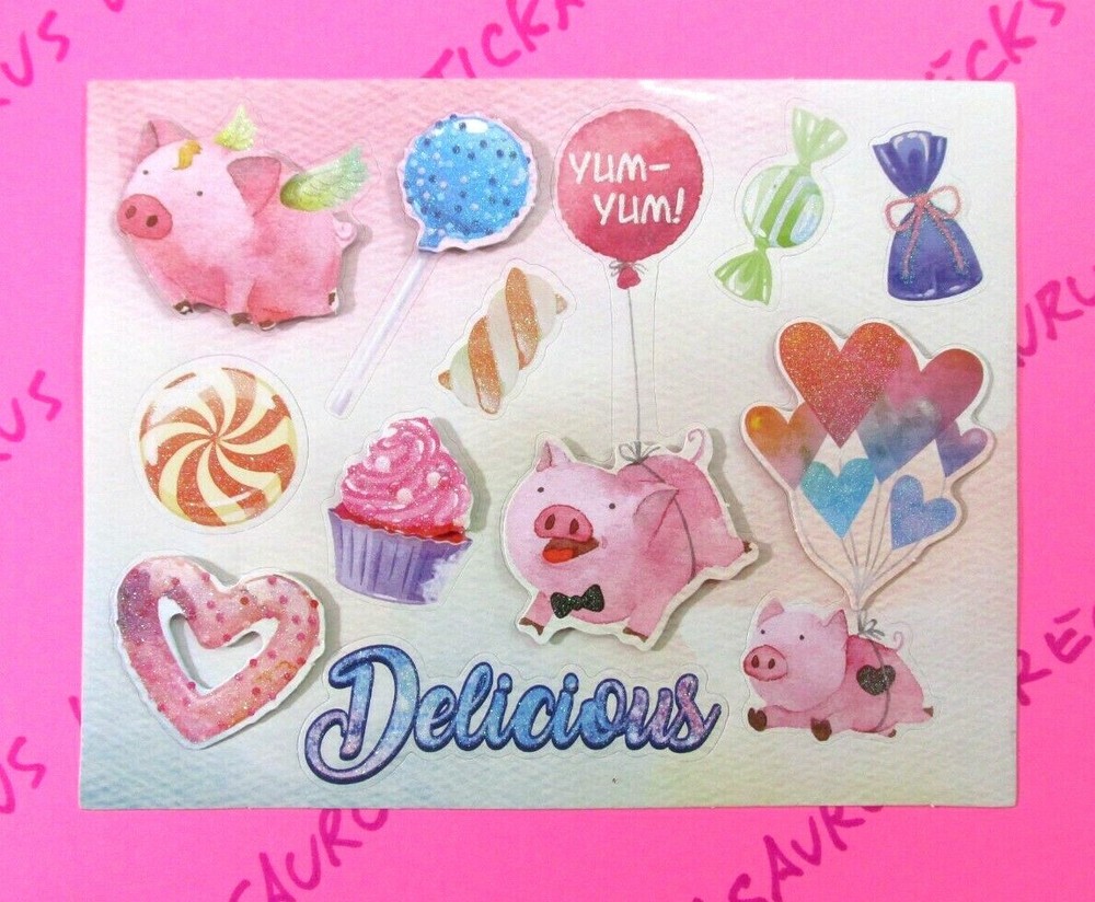 Sweet Treats Pigs & Candy 3D Pop Up Small Glitter Sticker Sheet