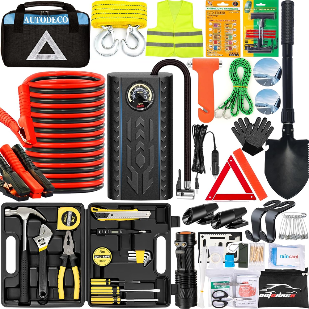 105 PCS Roadside Car Emergency Assistance Kit with Portable Air Compressor Jumpe