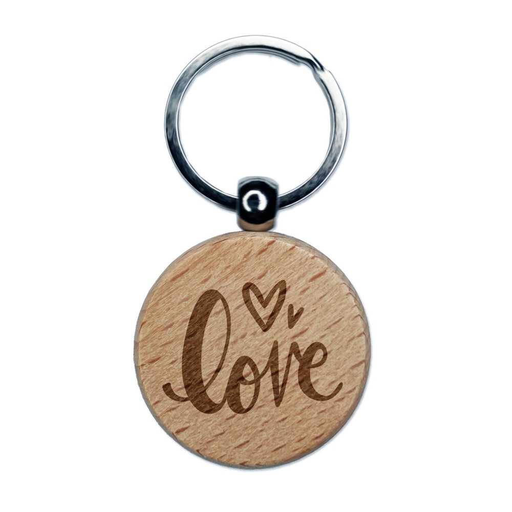 Handwritten Love Script with Hearts Engraved Wood Round Keychain Tag Charm