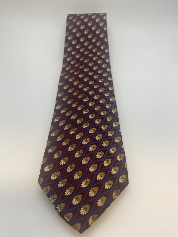XMI Burgundy Gold Blue Silk Handmade Men's Tie Geometric Woven Designer Classic