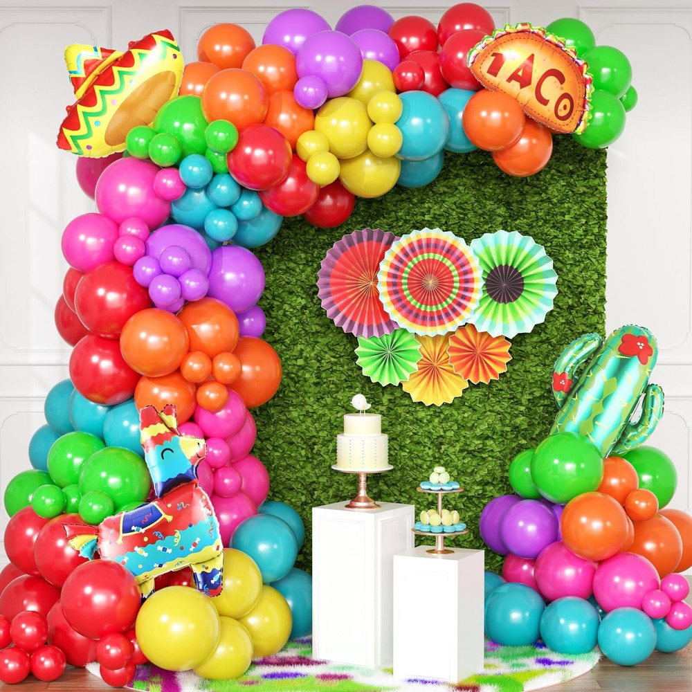 156pcs Fiesta Balloon Garland Arch Kit Giant Cactus Llama Sombrero Taco Foil ...