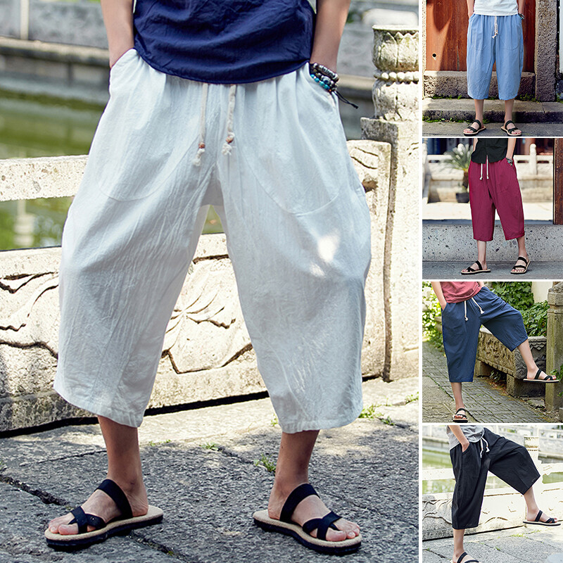 Men Linen Cotton Harem Pants Soft Loose Cropped Trousers Baggy Drawstring M-4XL