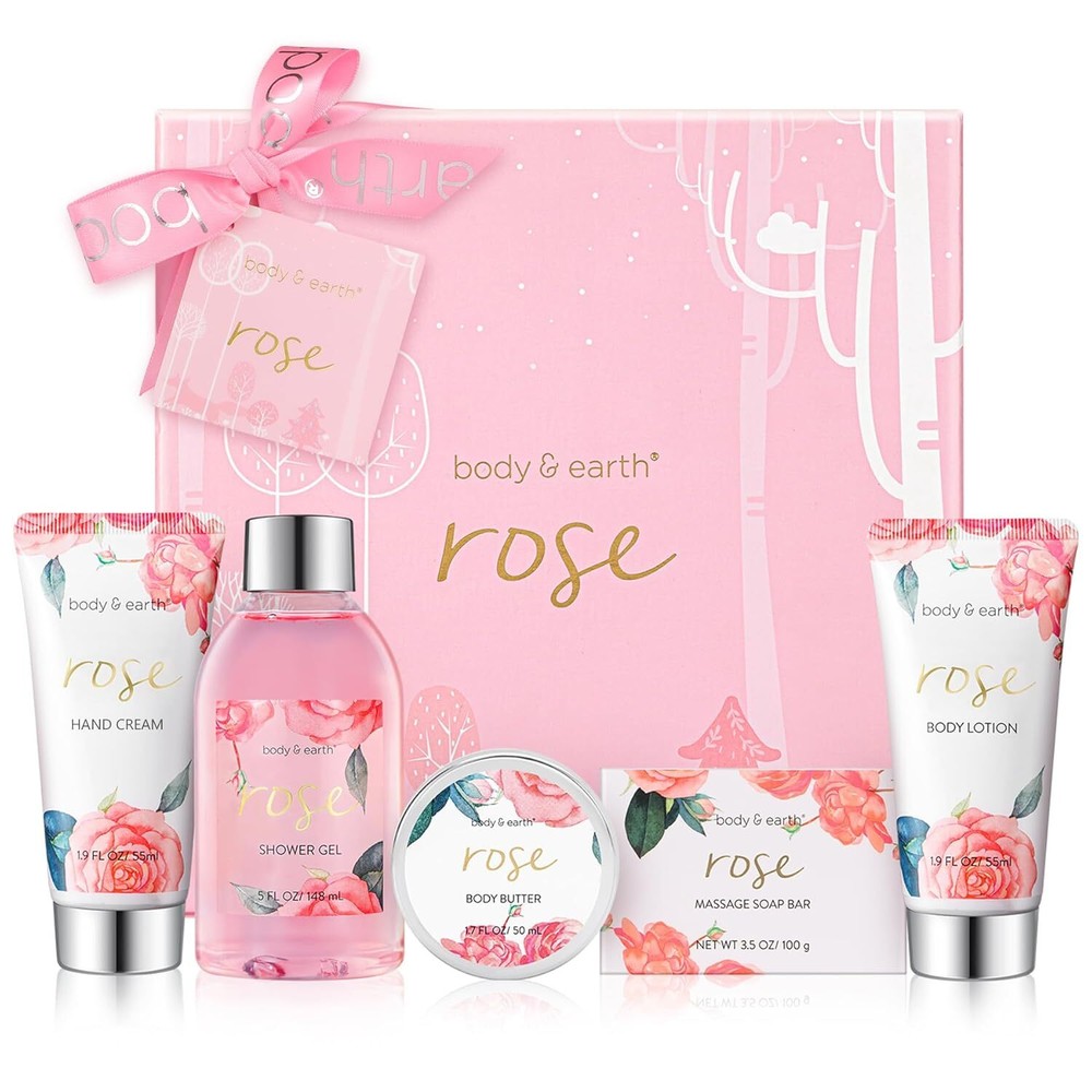 Bath and Body Gift Set for Women, Body & Earth 5 Pcs Rose Spa Set Gifts for