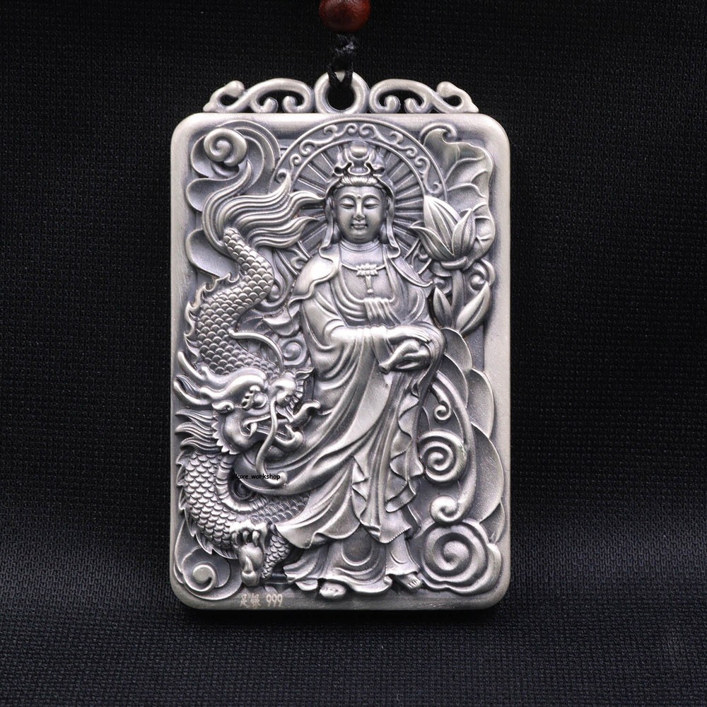 Colgante rectangular de plata fina pura 999 Kwan-yin corazón de dragón de la suerte Sutra 2,64