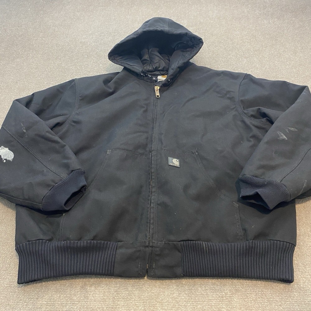 Carhartt J133 Distressed Black Bomber Jacket with Hood for Men Size XL Full Zip Grunge Style Coat
