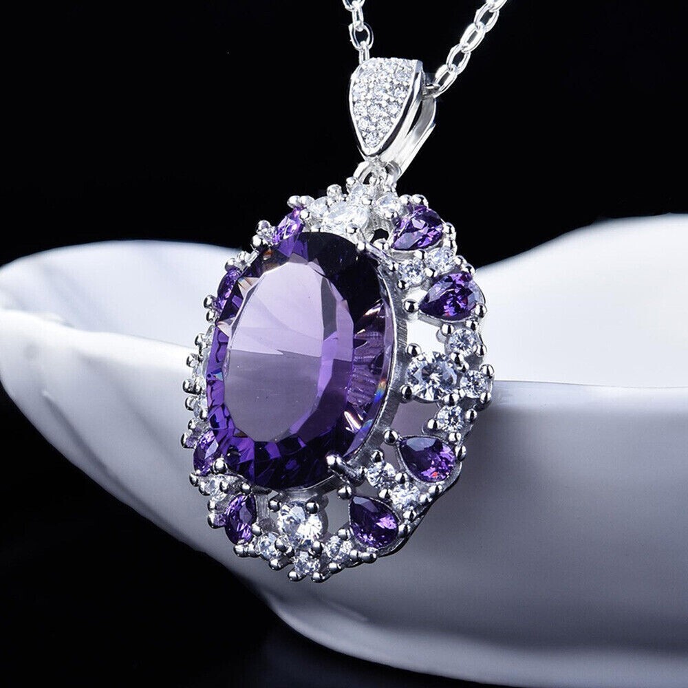 Oval Simulated Amethyst Women's Stunning Fancy Pendant In 14K White Gold Plated