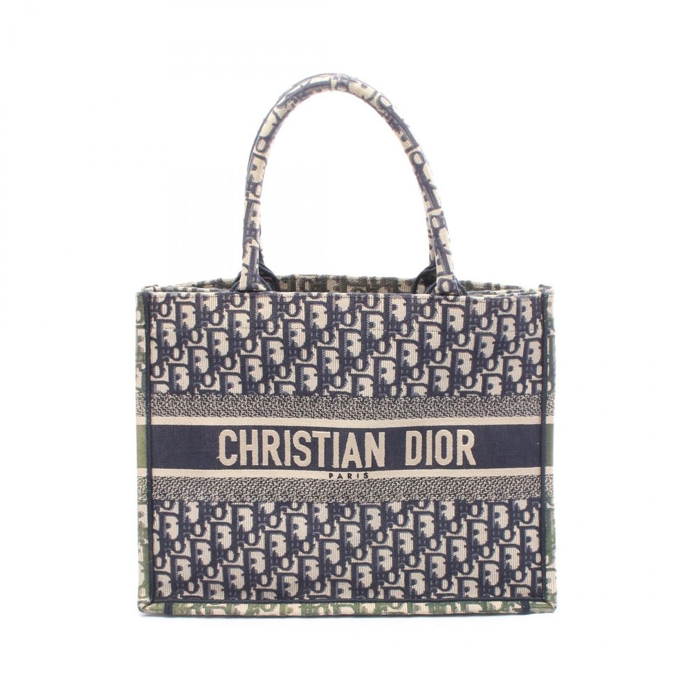Dior BOOK TOTE Medium Oblique Bag canvas Navy Beige Used Women logo