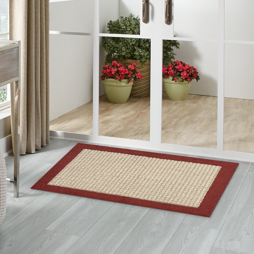 Mainstays Farmhouse Faux Sisal Olefin Red Border Indoor Accent Rug, 2'6