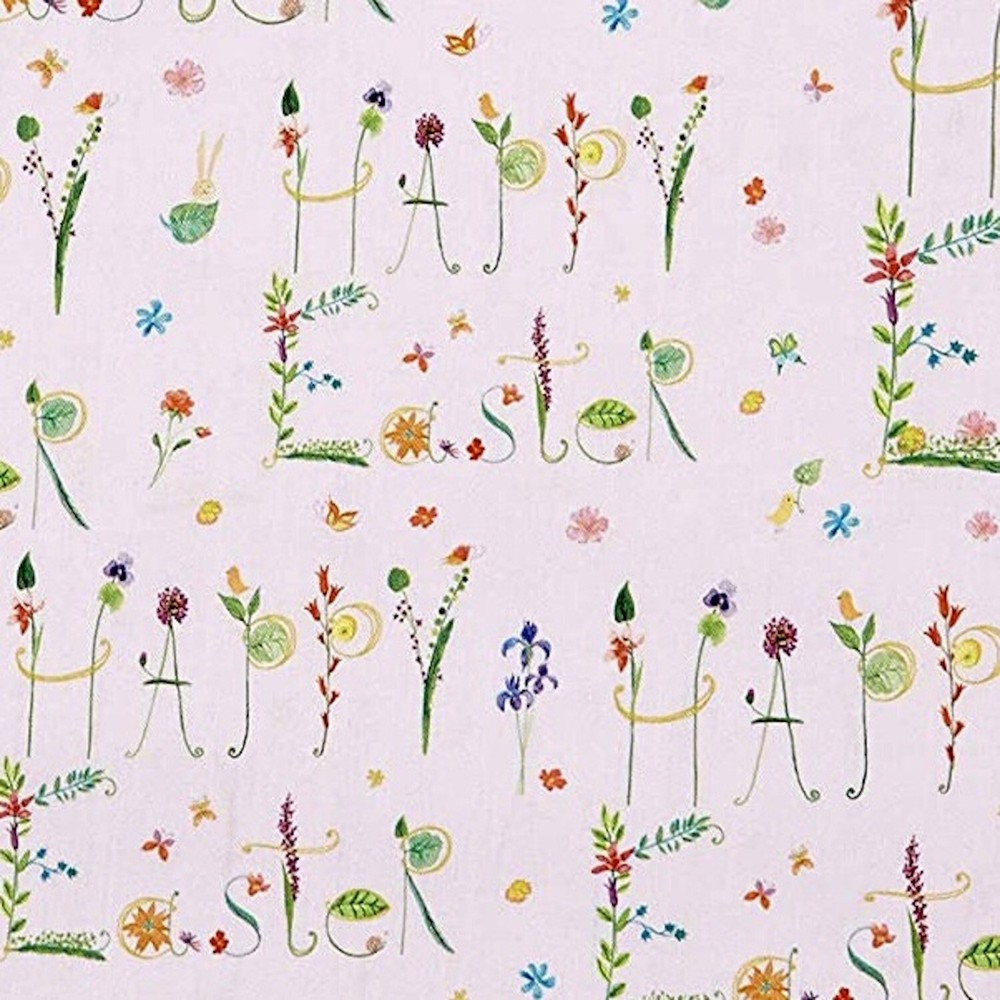 Happy Easter Words Floral Pink 100% Cotton Fabric by The Yard