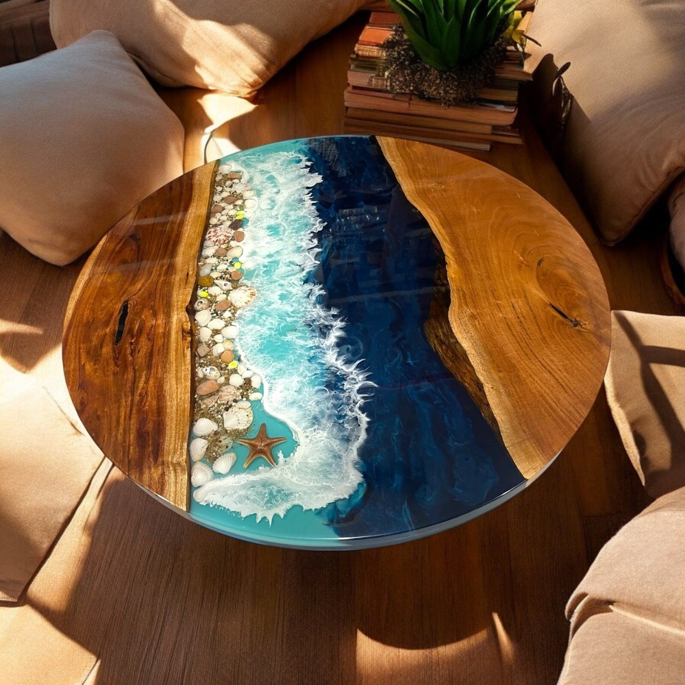 15x15 Ocean Epoxy Round Coffee Table Resin River Art Handmade Living Room Decor