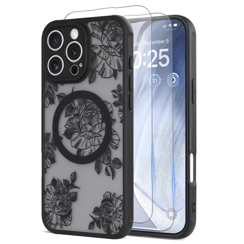 for iPhone 16 Pro Max Case Floral Print Compatible with MagSafe [2X Screen Pr...
