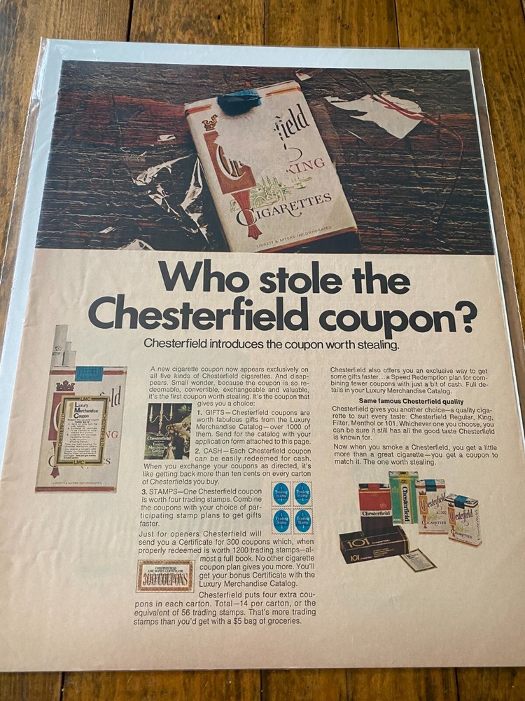 Vintage 1969 Chesterfield Cigarettes Who Stole The Coupon ad-image