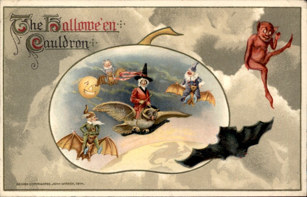 Halloween WINSCH Cauldron Witches Bats Pumpkin Moon Devil Vintage Postcard