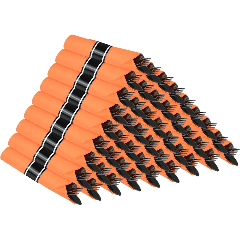 30-Pack Black Plastic Cutlery Set with Rolled Orange Napkins for Parties and Events  
