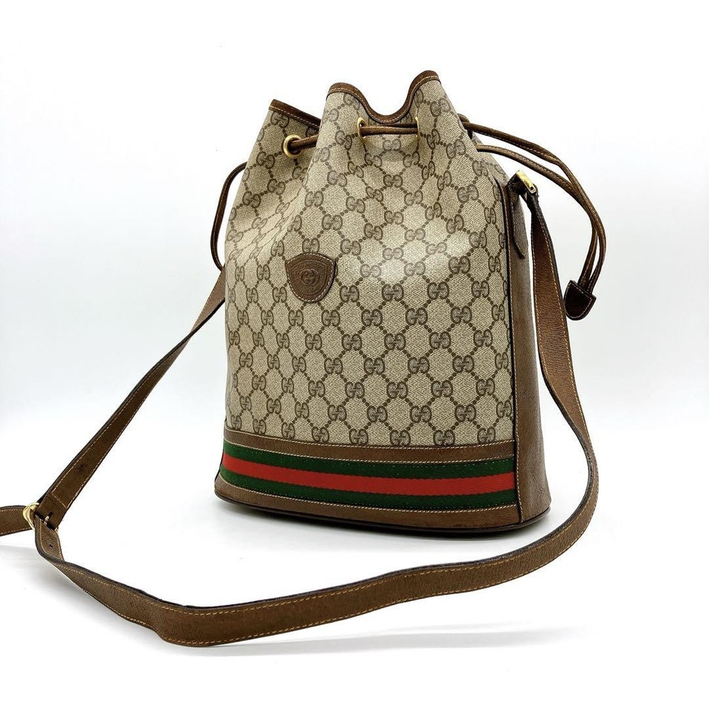 Gucci GG Supreme Brown Sherry Line Drawstring Shoulder Bag