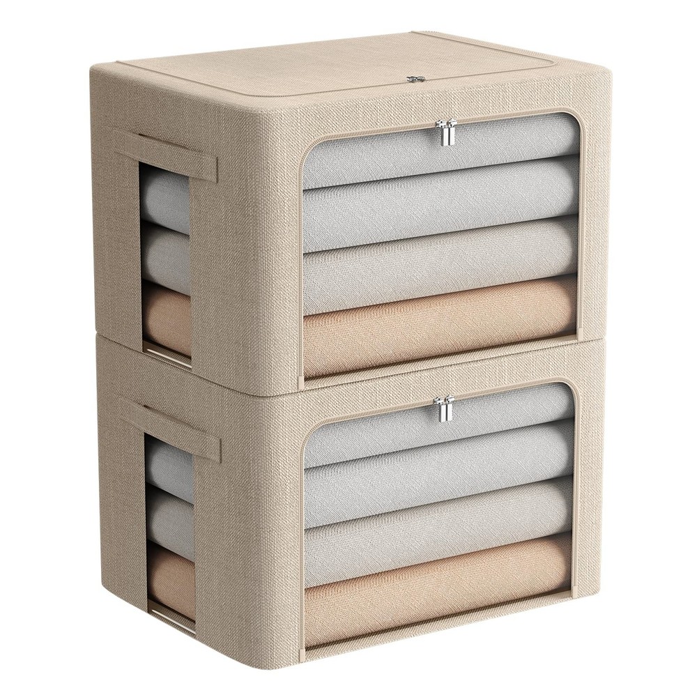 2 Pack Clothes Storage Bins Stackable Metal Frame Storage Box Foldable Linen ...