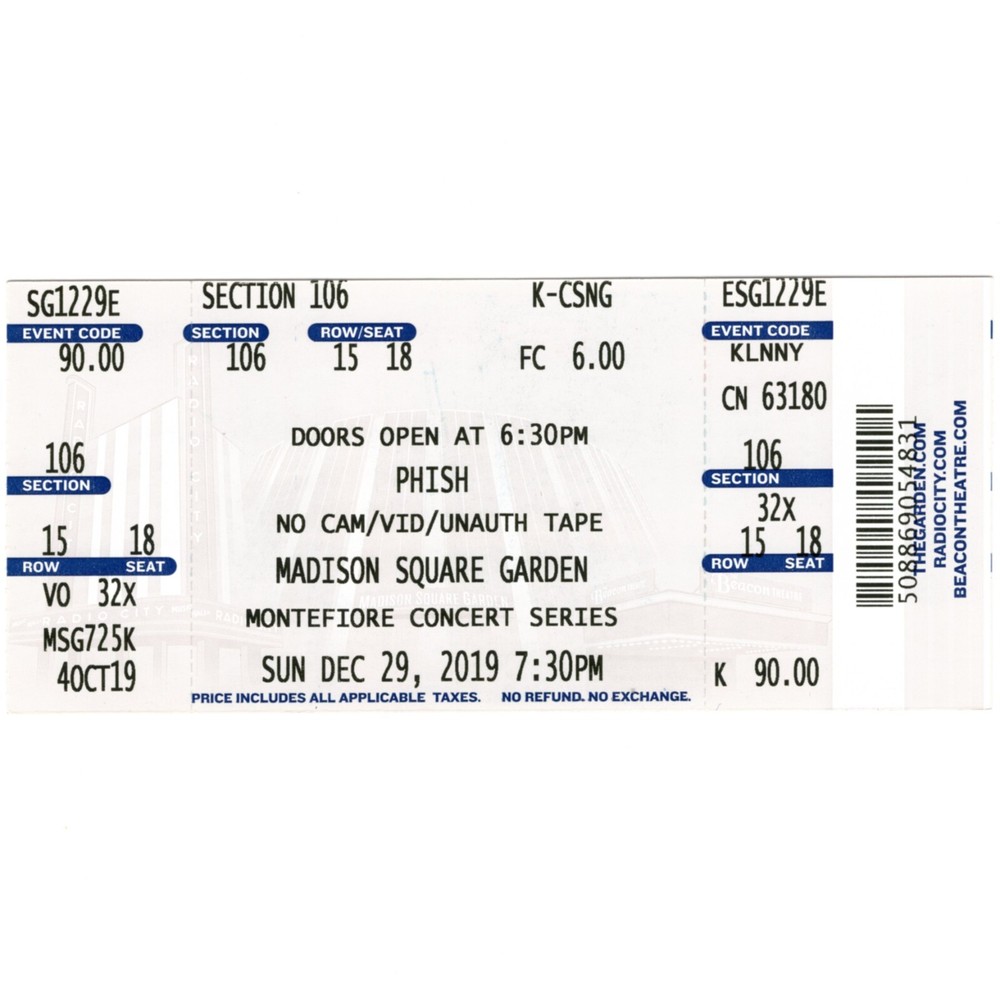 PHISH Concert Ticket Full Stub NEW YORK NY 12/29/19 MADISON SQUARE GARDEN NYE