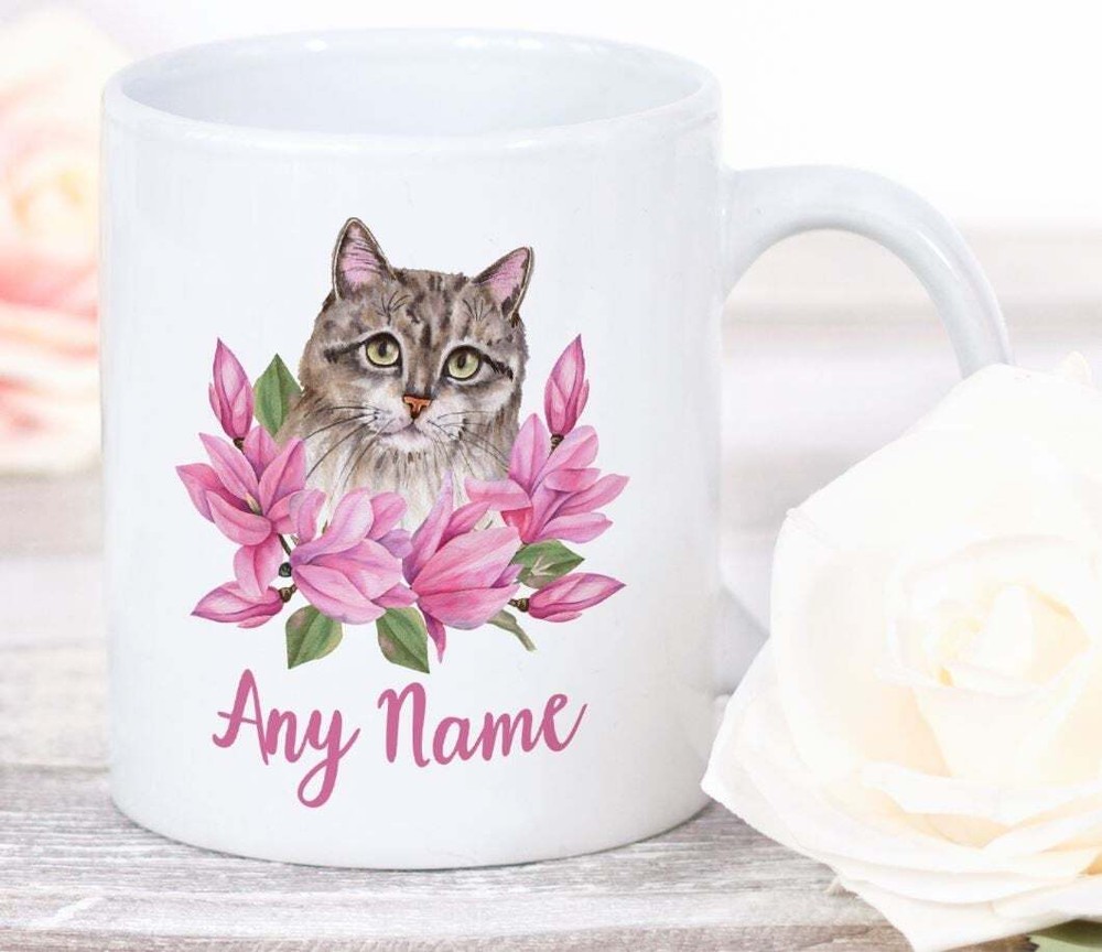 Cat Mug Personalised Floral Pink Cat Mug Cat Lover Cat Owner Cat Gift Animal Mug