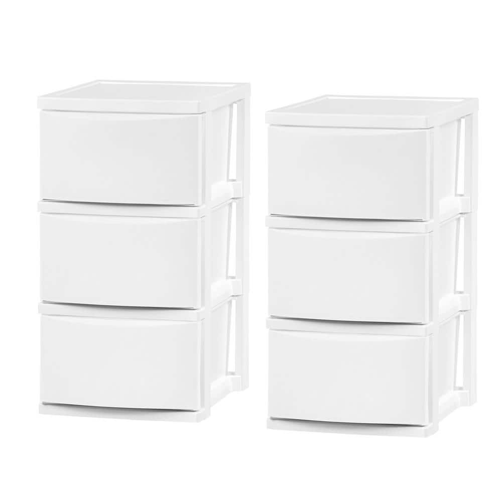 White 3-Drawer Plastic Storage Bin Chest, 2-Pack Organizer  