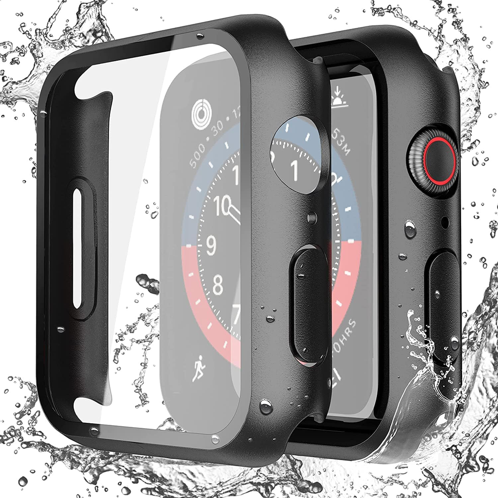 [2 Pack] Waterproof Black Hard Case with Tempered Glass Compatible with Apple Wa
