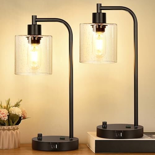 Set of 2 Industrial Table Lamps with 2 USB Seeded Glass & Matte Black(Base)