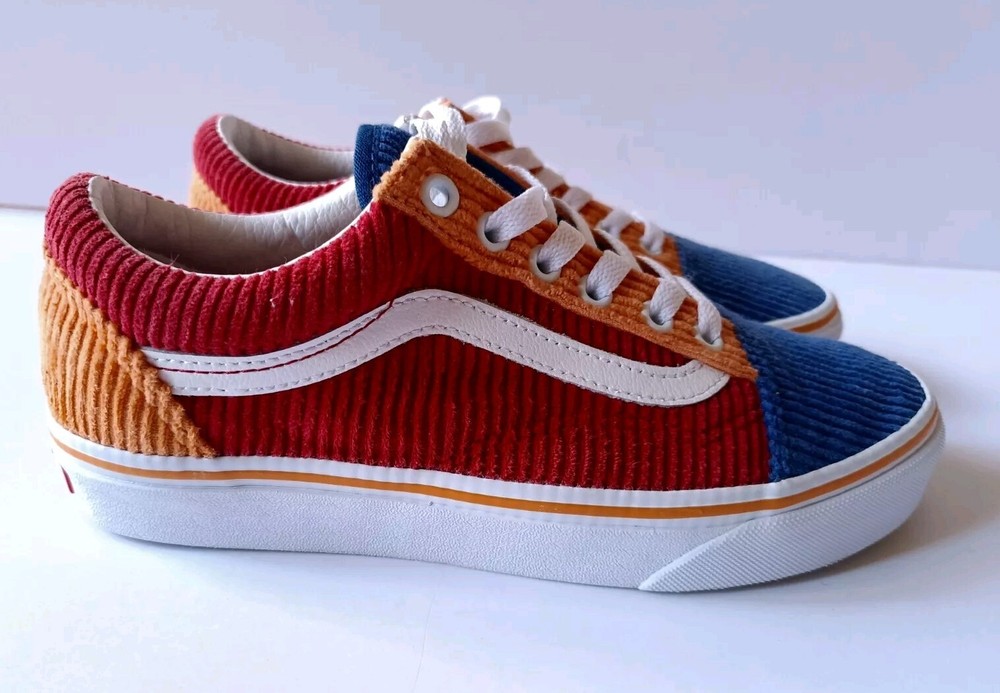 Vans Old Skool Corduroy Shoes Men's Size 5.5 Red Blue Orange Lowtop Sneakers