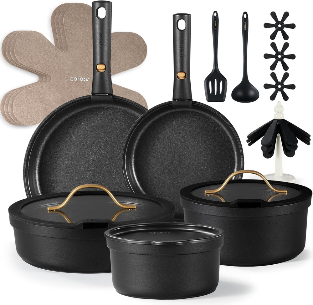 CAROTE 20pcs Pots and Pans Set Non Stick, Nonstick Black Set,