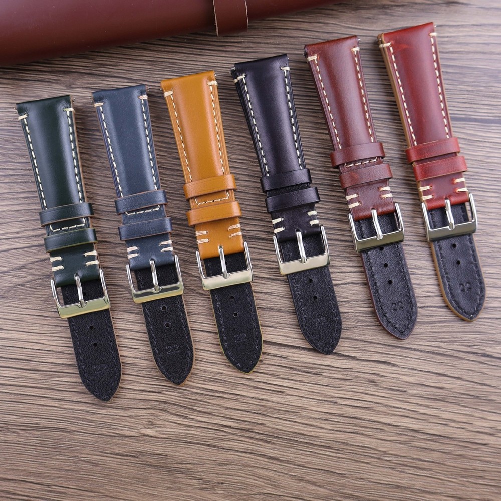 Glossy Genuine Leather Watch Band Strap Mens Vintage Cowhide Bracelet 20 22 24mm
