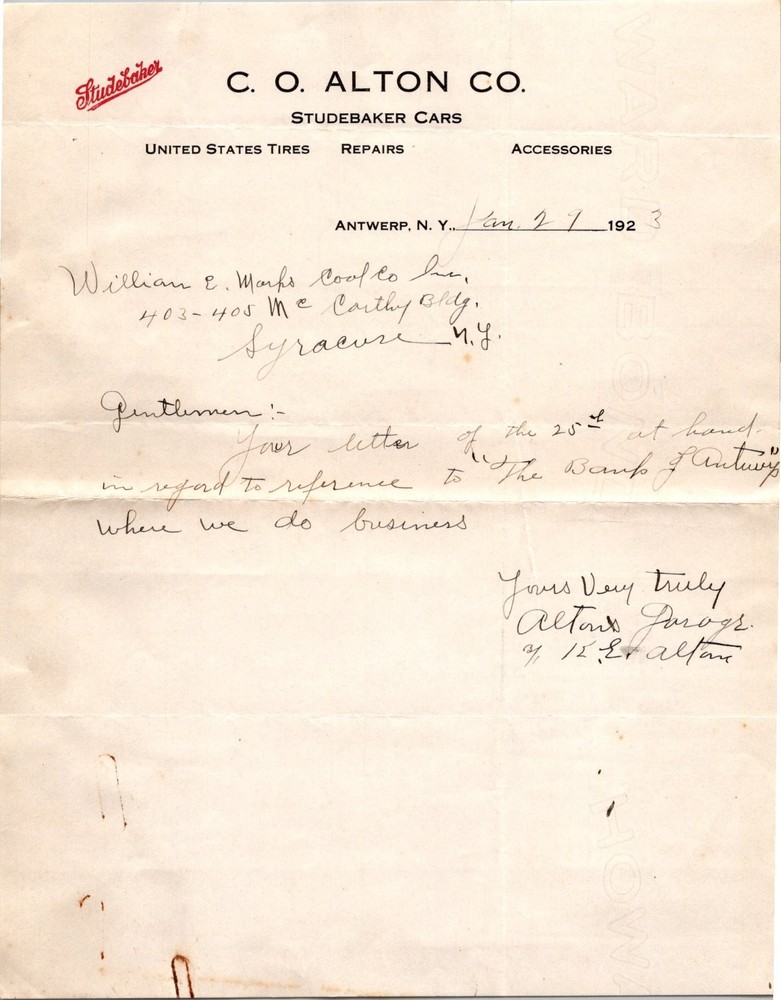 1923 Studebaker Cars Letterhead Antwerp NY C.O. Alton Co Auto Ephemera