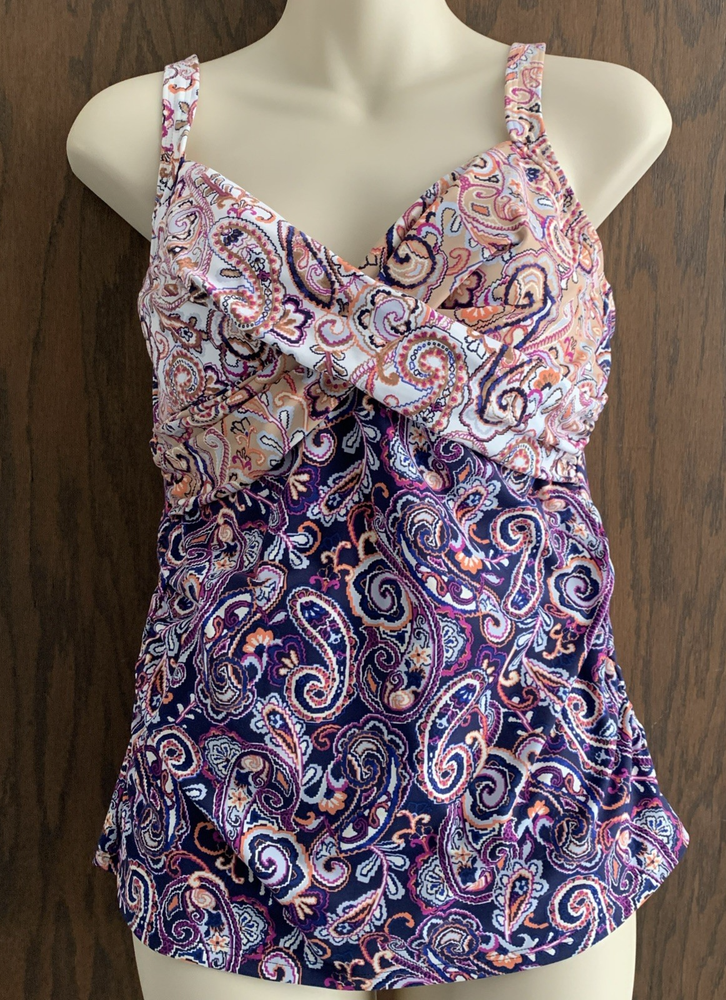 Lands End underwire paisley tankini swim top with tummy panel size 8