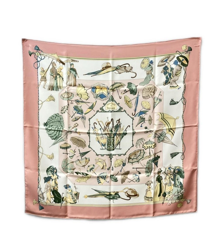 HERMES Carre 90 Pink Silk Scarf with Umbrella Design Pre-Owned Stylish